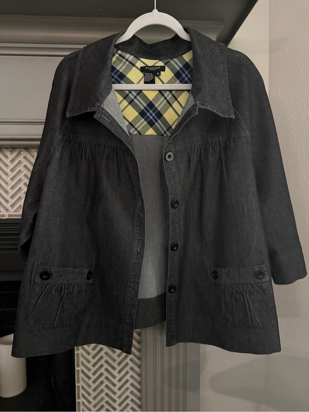 Sandro Black Jean Jacket with Yellow & Navy Plaid Lining